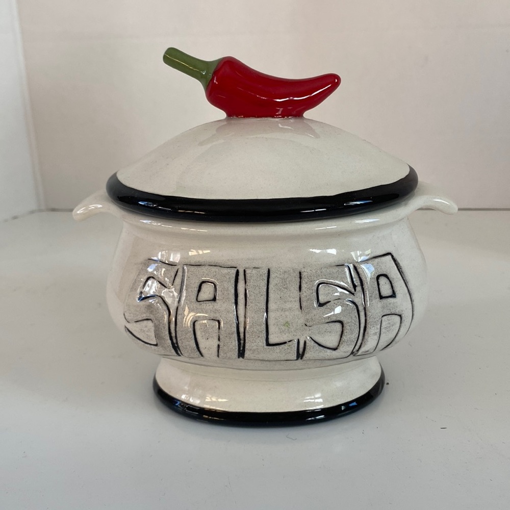 Vintage Chili Pepper Motif Covered Salsa Bowl Crock